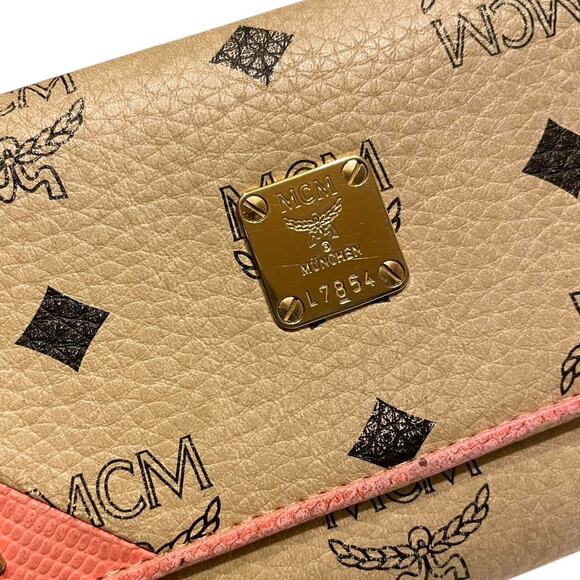 Authentic VTG MCM Monogram Visetos Lizard Continental Trifold Wallet Pink/Beige - Picture 3 of 8